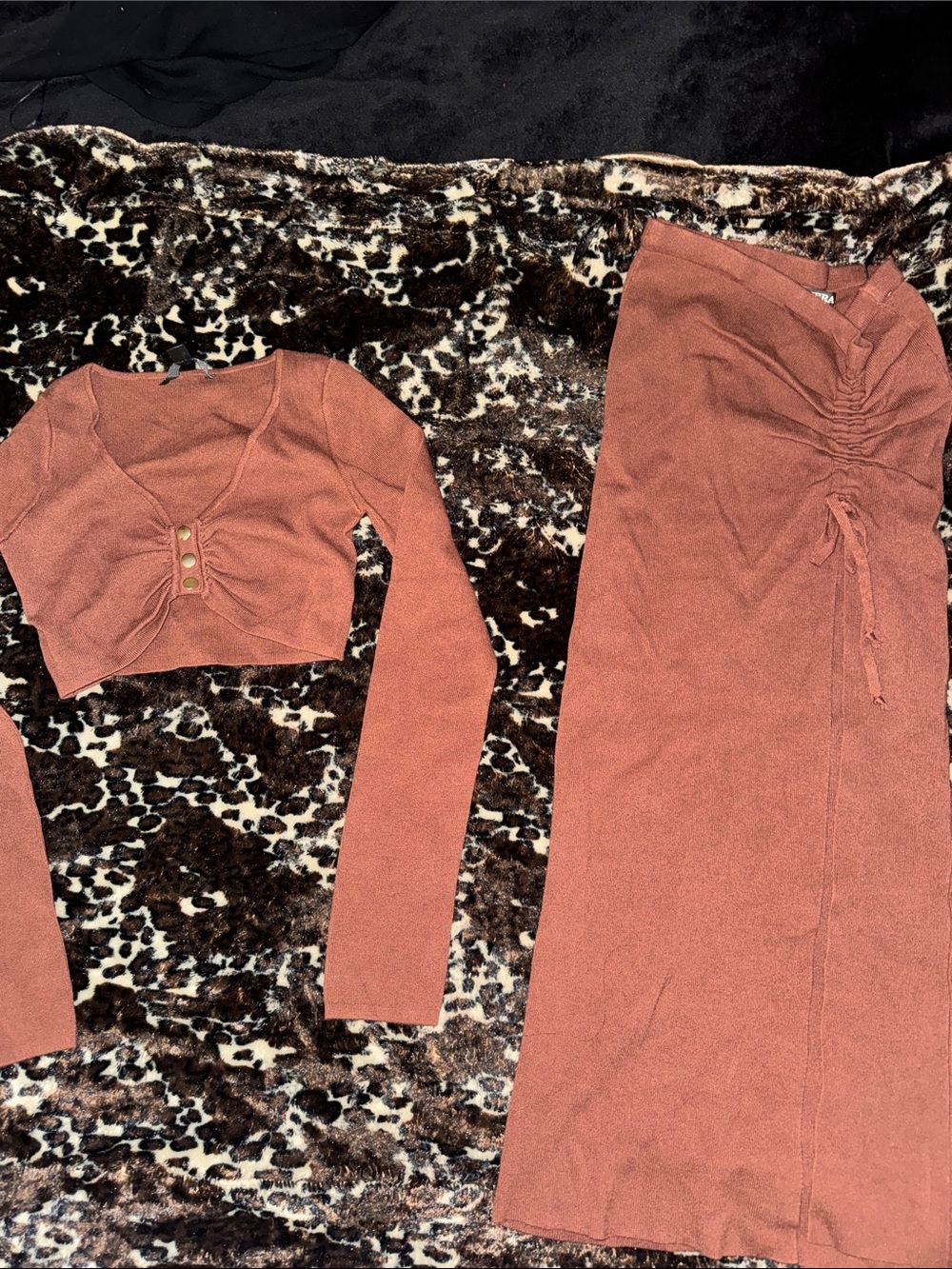 Hera Collection Rust Knit Maxi Skirt with Side Ruched Detail